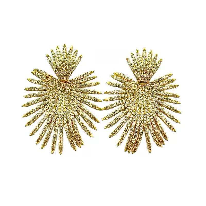 Fendi|Pendientes  con circonitas engastadas en oro y forma de sol, pendientes colgantes grandes de cristal en forma de abanico para mujer, ideales para fiestas y bodas.