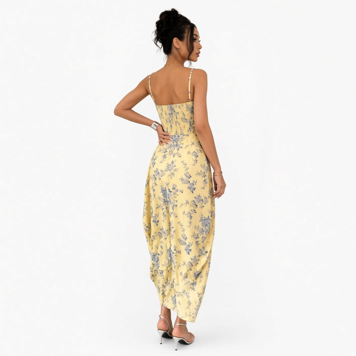 Atenea-Vestido Midi Floral con Fruncido y Abertura