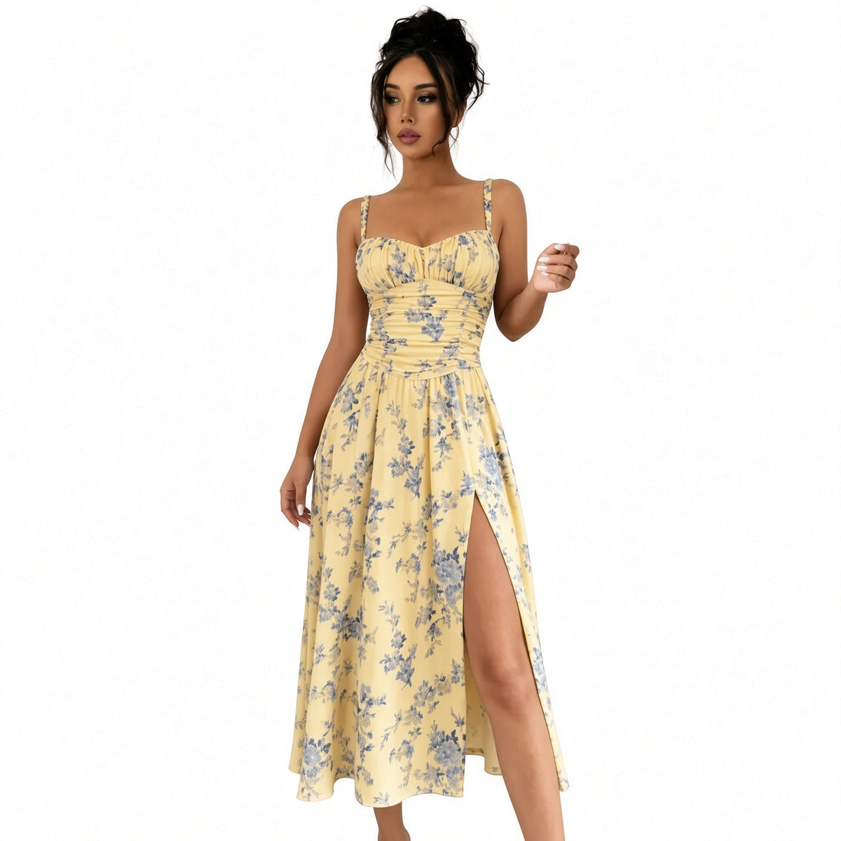 Atenea-Vestido Midi Floral con Fruncido y Abertura
