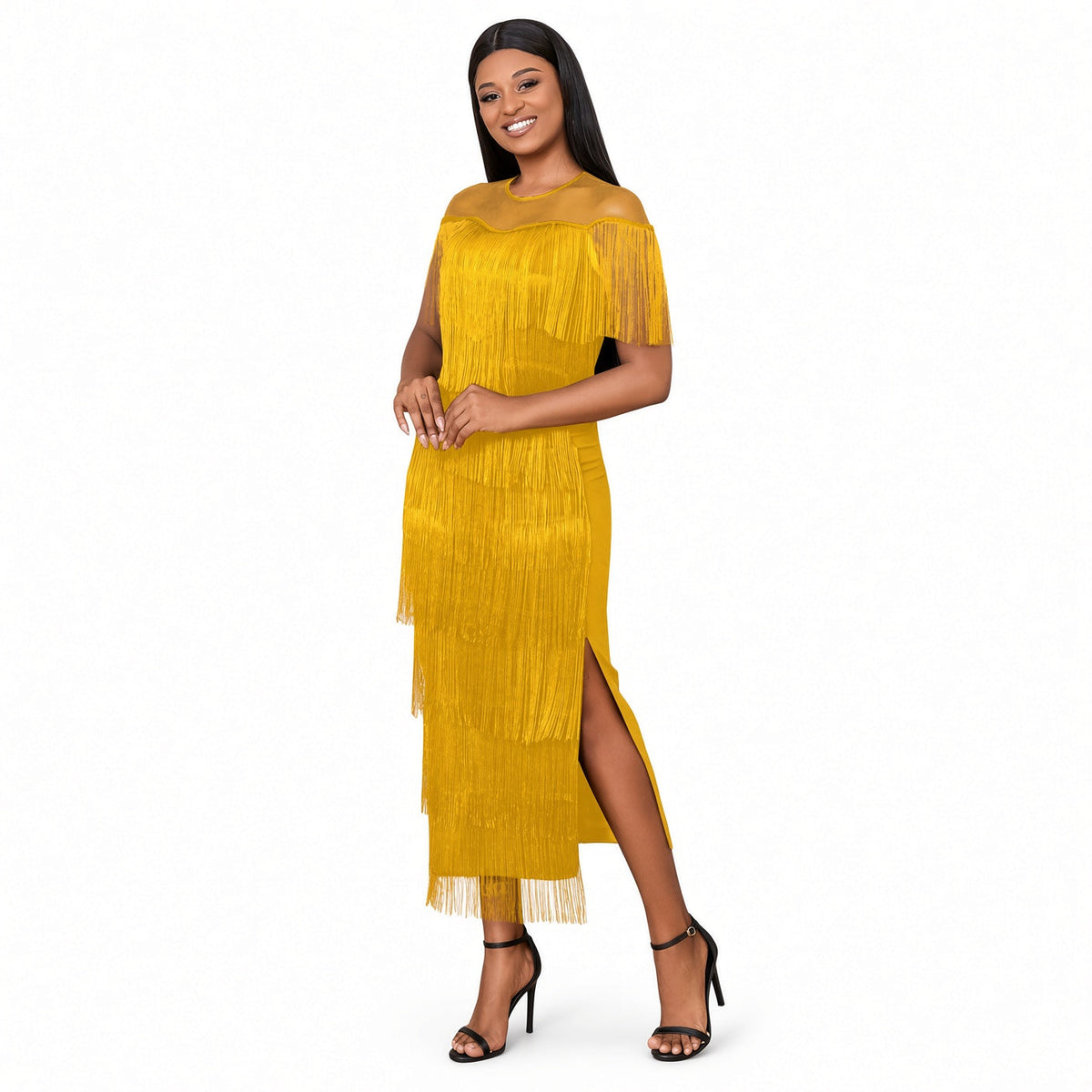 Elina — Vestido Maxi de Flecos con Hombros de Malla