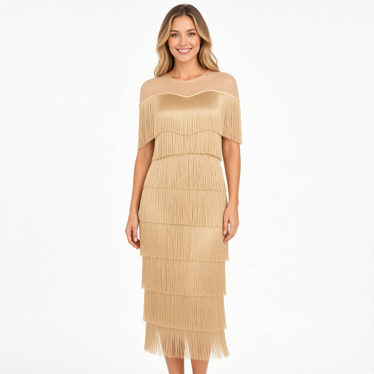 Elina — Vestido Maxi de Flecos con Hombros de Malla