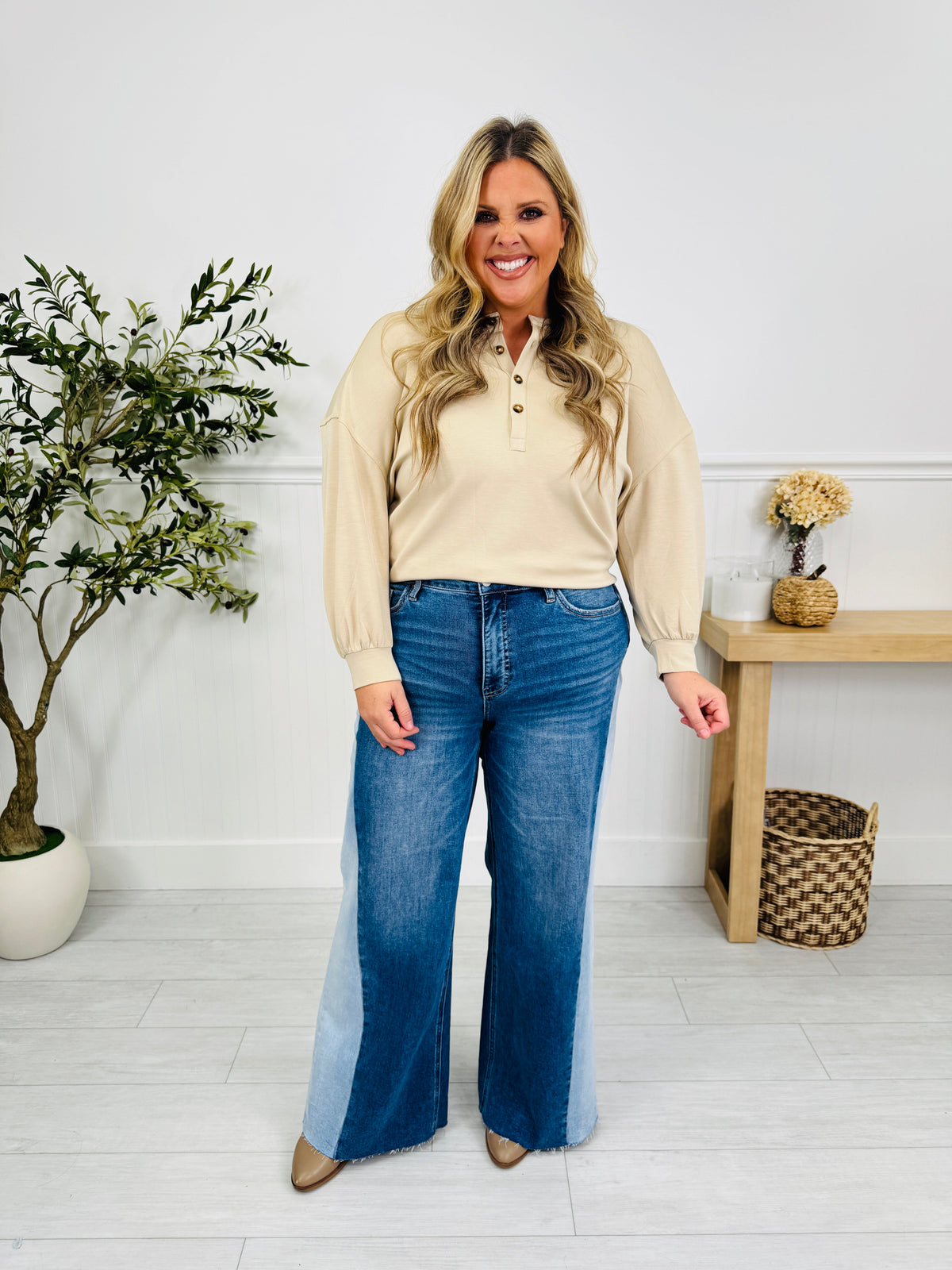 Luciana | Vaqueros Wide Leg Bicolor de Tiro Alto con Efecto Moldeador