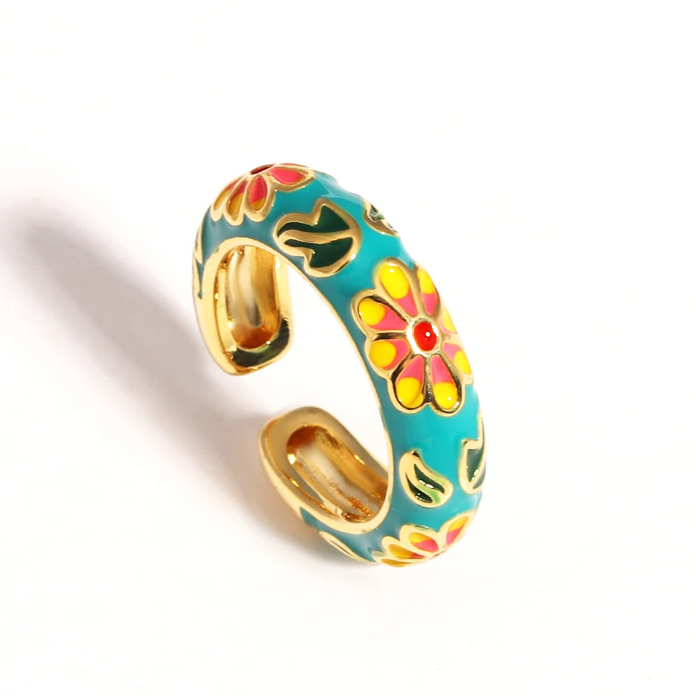 Floreado-Anillos de flores de esmalte coloridos vintage