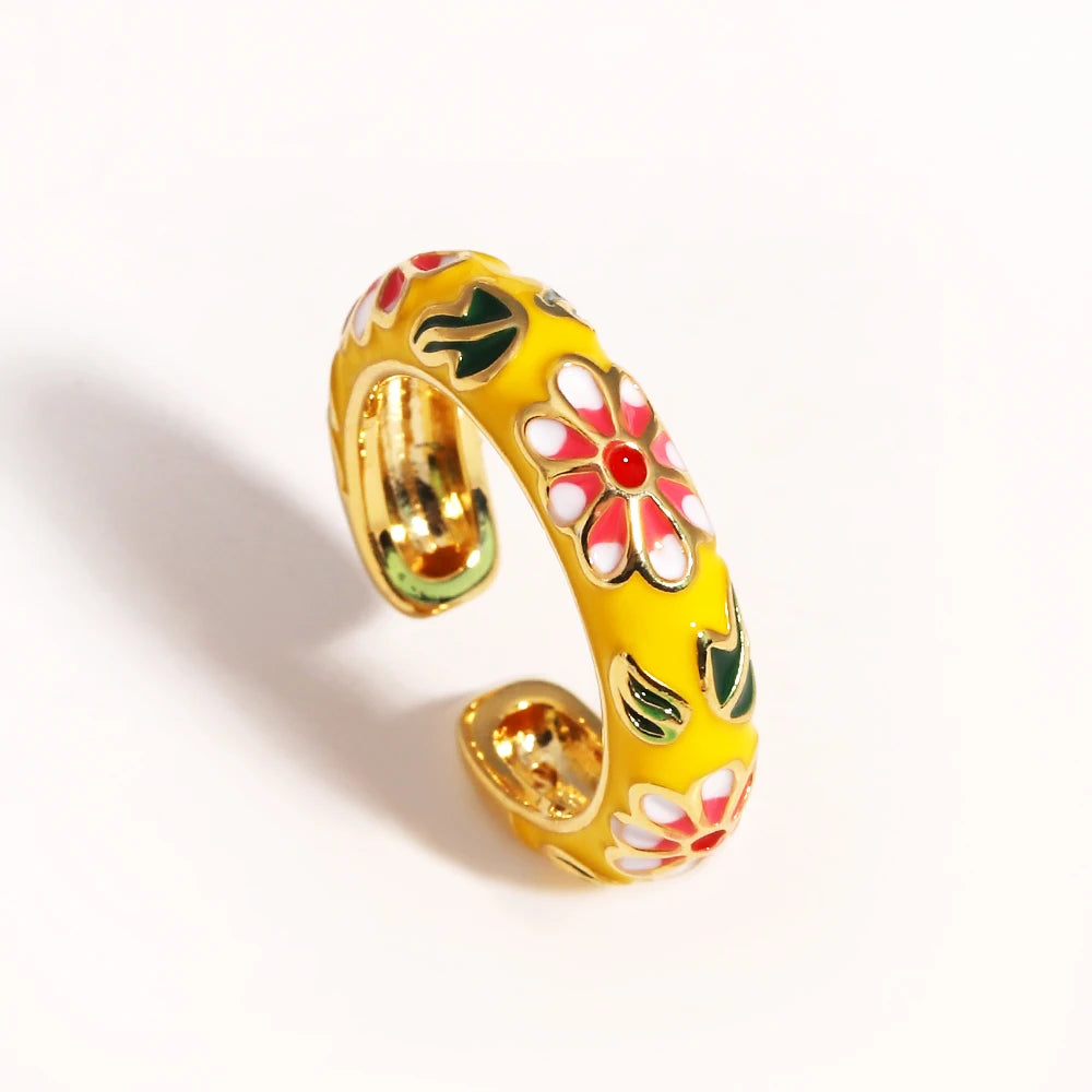 Floreado-Anillos de flores de esmalte coloridos vintage