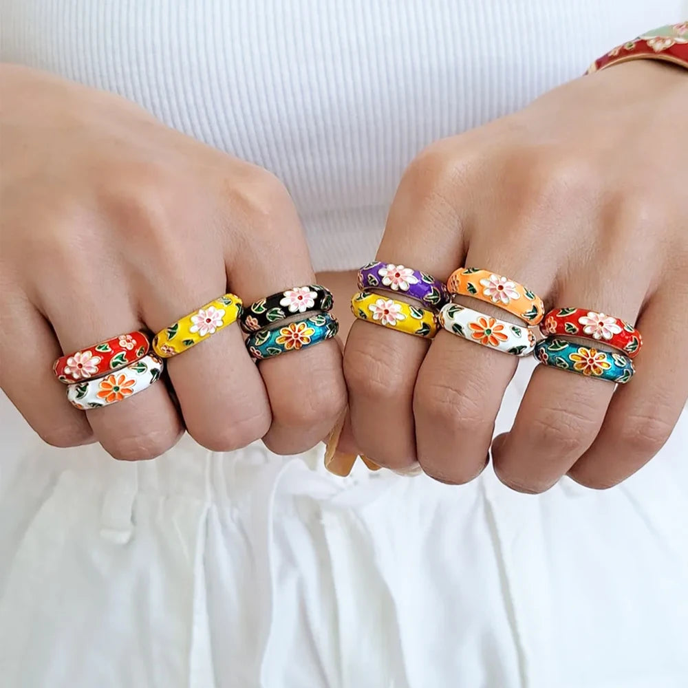 Floreado-Anillos de flores de esmalte coloridos vintage