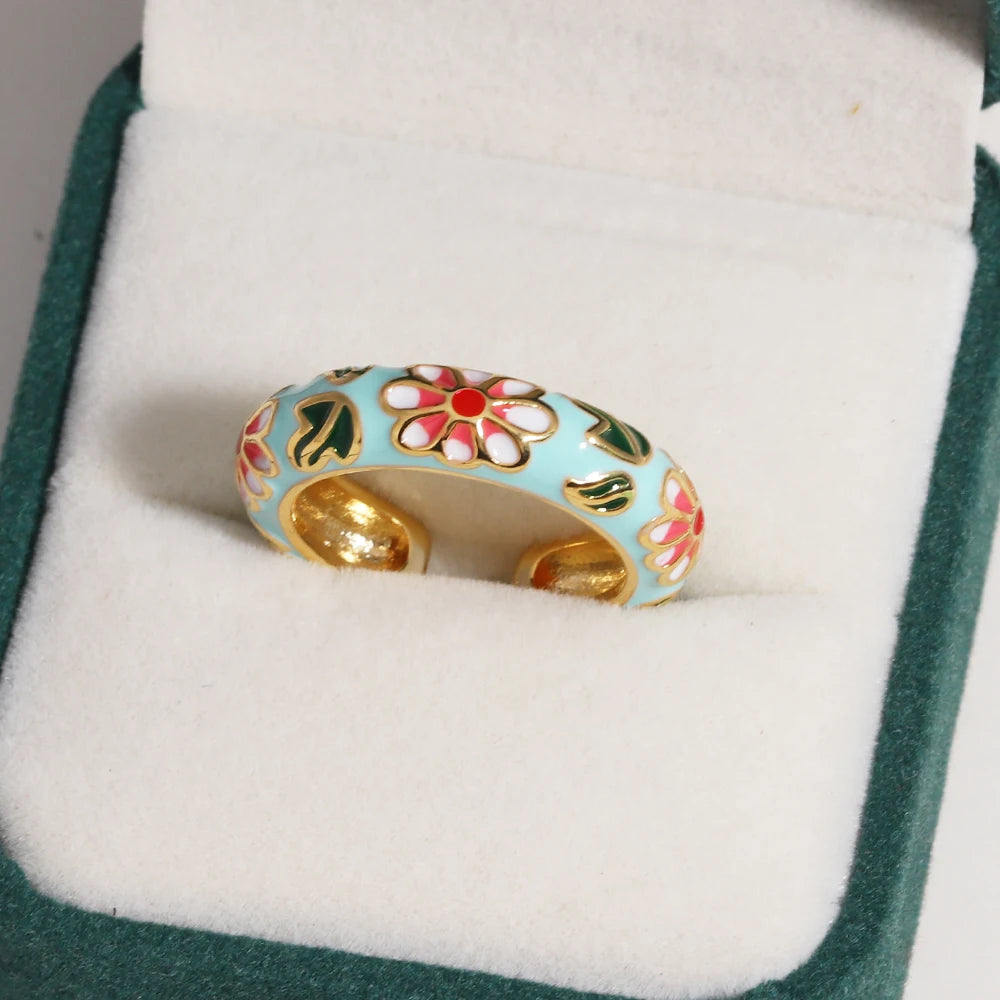 Floreado-Anillos de flores de esmalte coloridos vintage