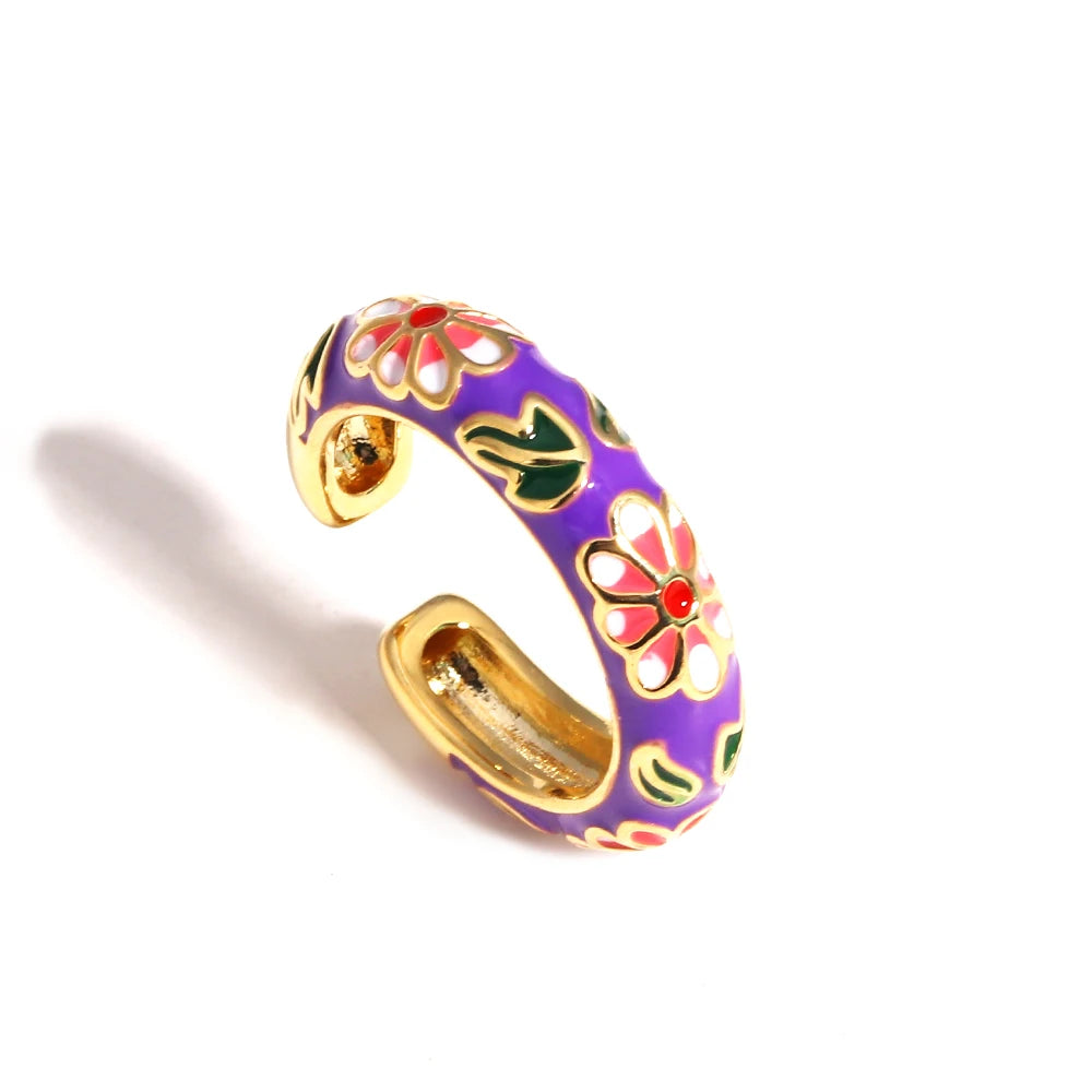 Floreado-Anillos de flores de esmalte coloridos vintage