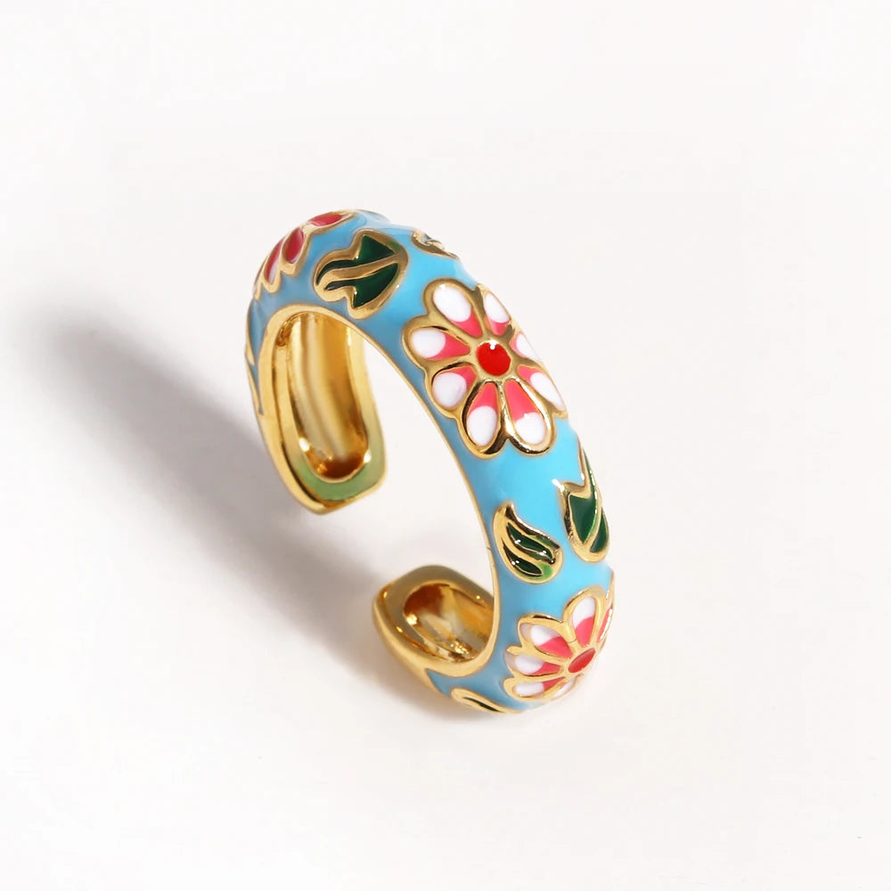Floreado-Anillos de flores de esmalte coloridos vintage