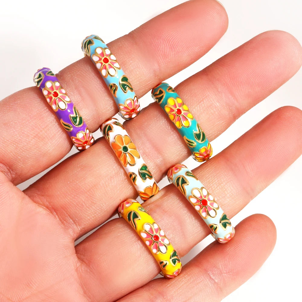 Floreado-Anillos de flores de esmalte coloridos vintage