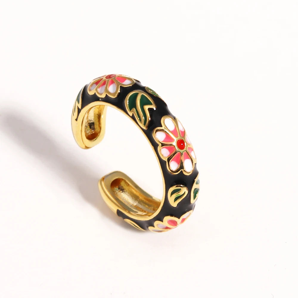 Floreado-Anillos de flores de esmalte coloridos vintage