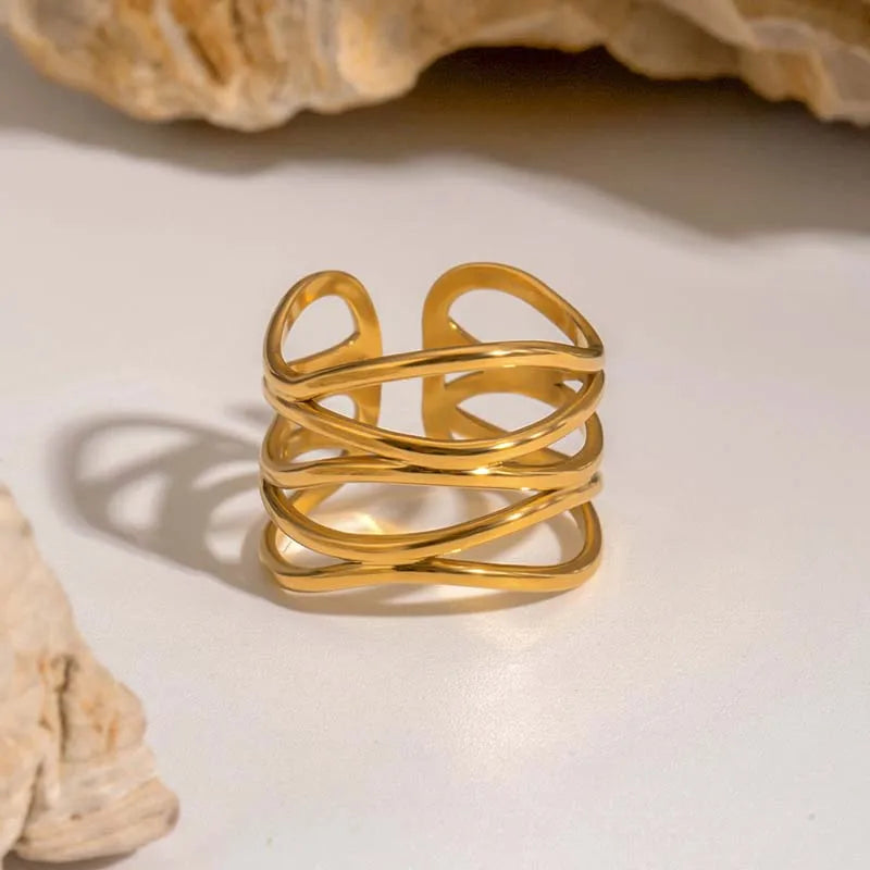 Clara-Anillo abierto de metal de acero inoxidable con línea irregular para muje