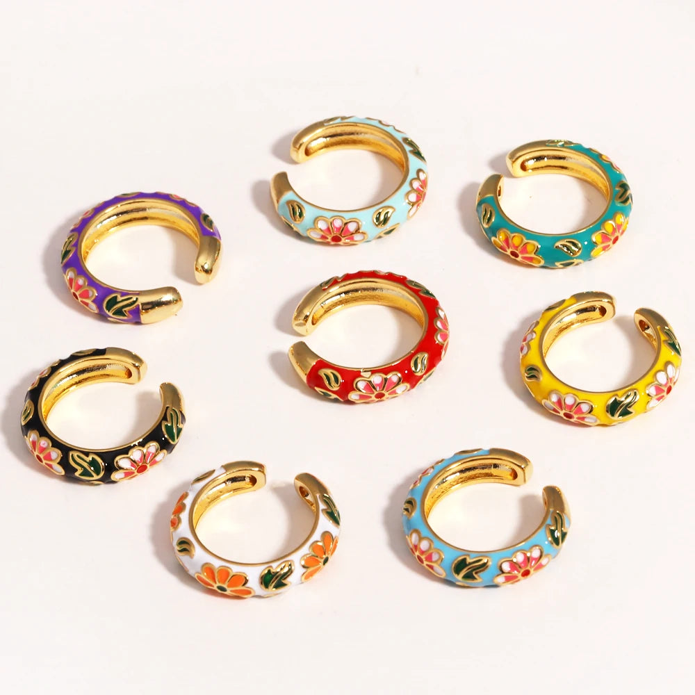 Floreado-Anillos de flores de esmalte coloridos vintage