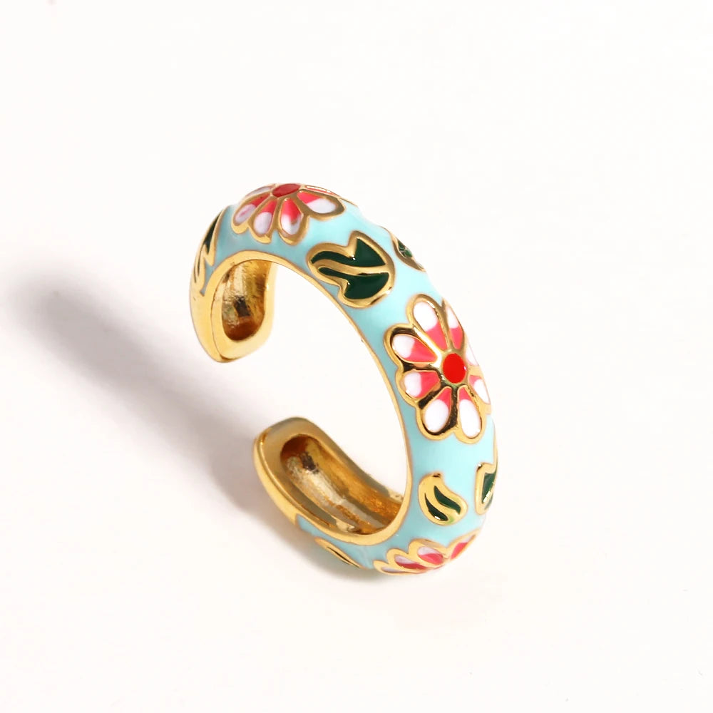 Floreado-Anillos de flores de esmalte coloridos vintage