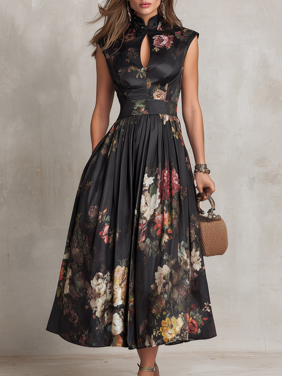 Siria — Vestido Midi Floral con Cuello Mandarín