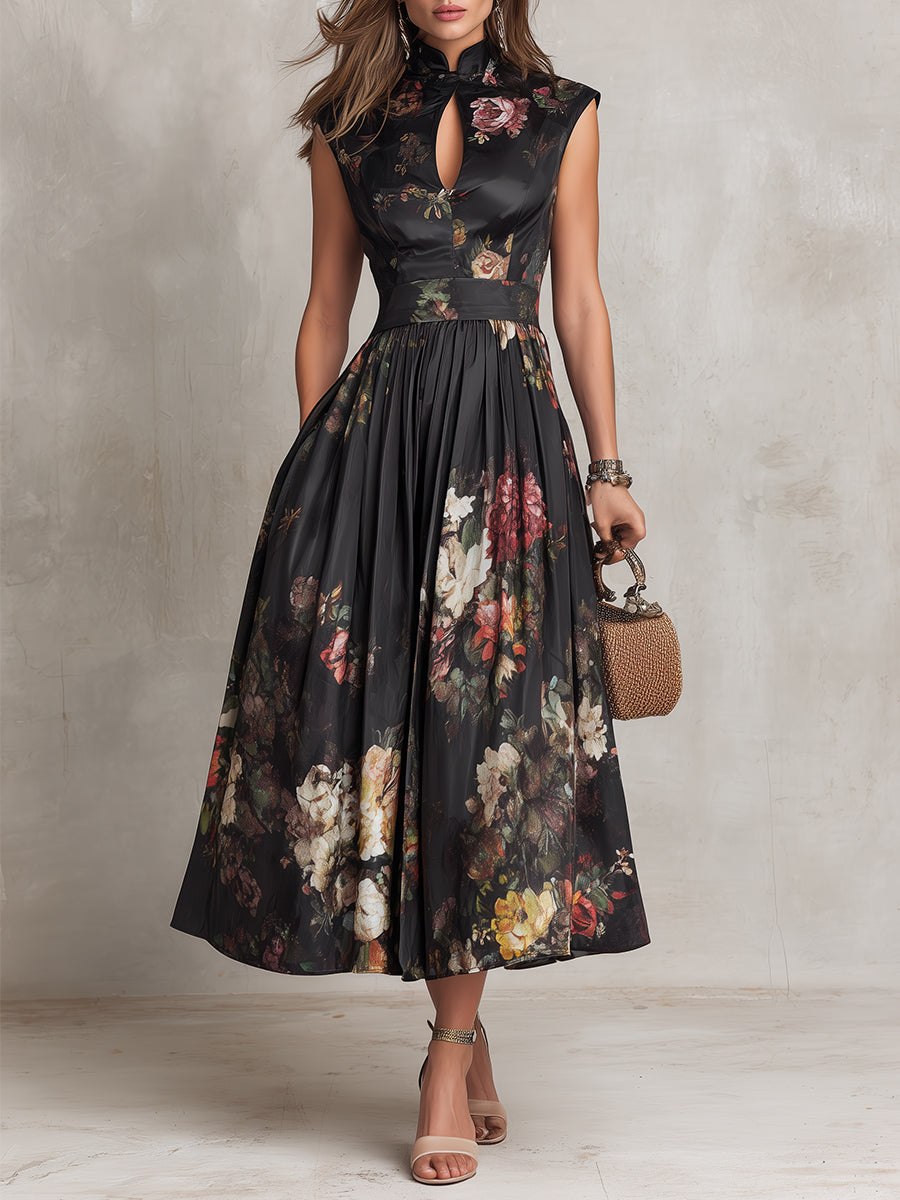 Siria — Vestido Midi Floral con Cuello Mandarín