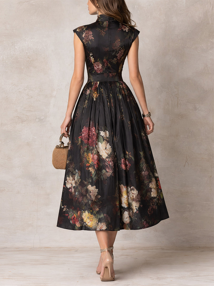 Siria — Vestido Midi Floral con Cuello Mandarín