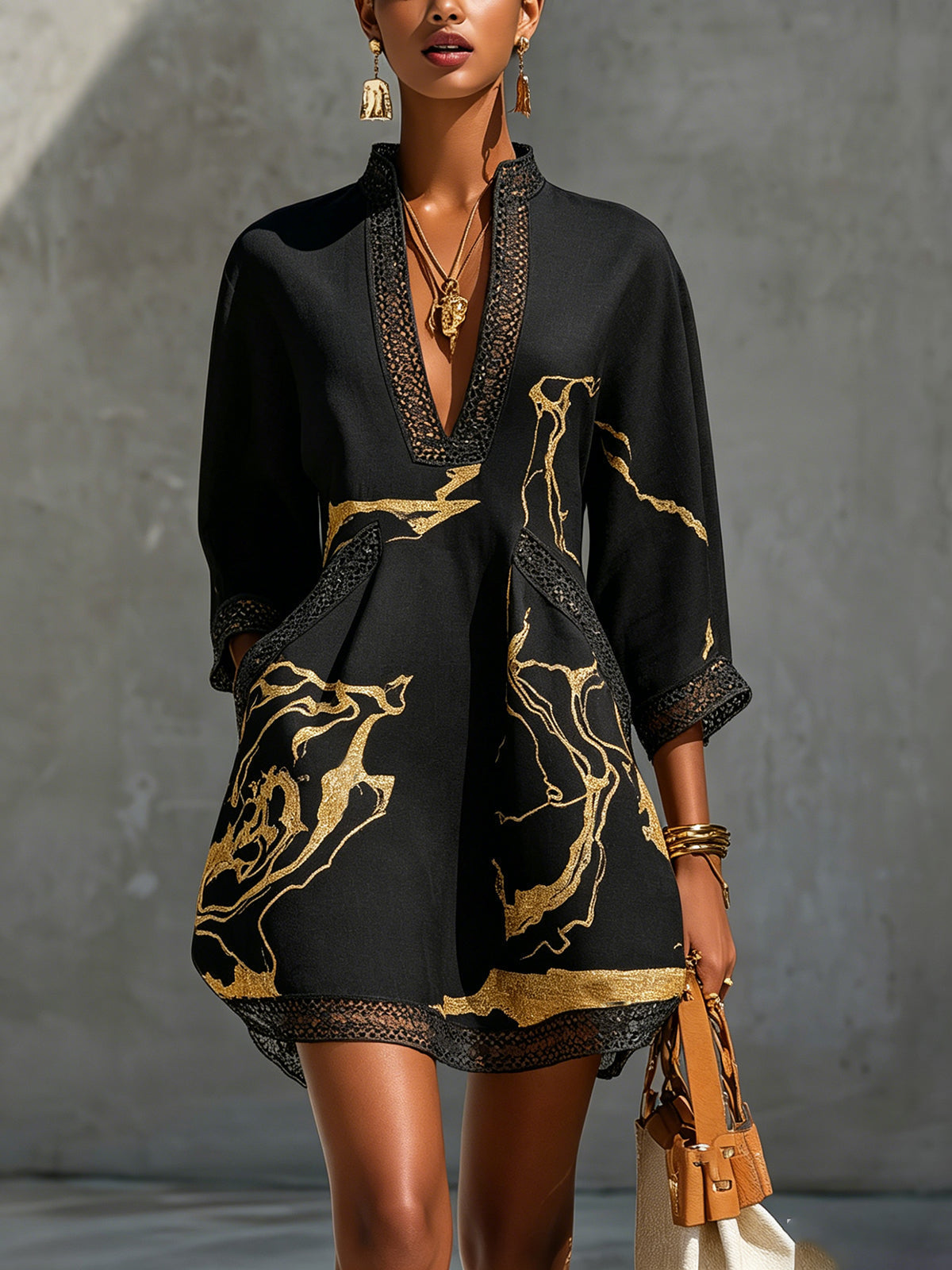 Diana — Vestido Corto Print Mármol Dorado