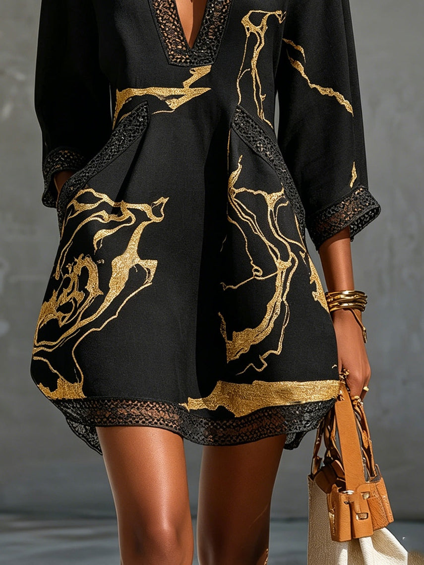 Diana — Vestido Corto Print Mármol Dorado