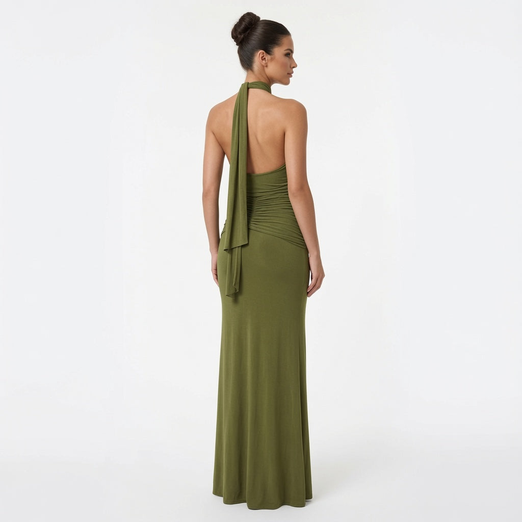 Cloe-Vestido largo  con escote halter drapeado