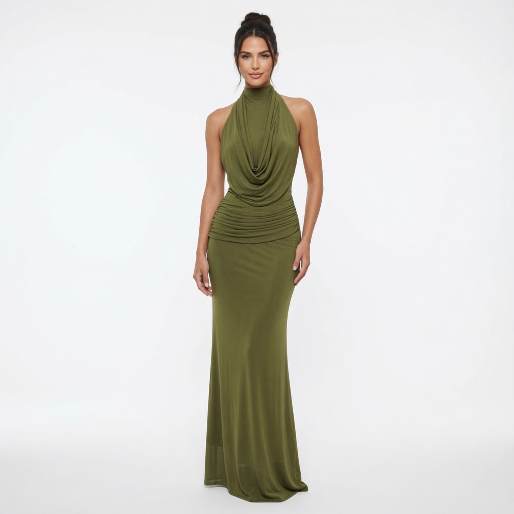 Cloe-Vestido largo  con escote halter drapeado